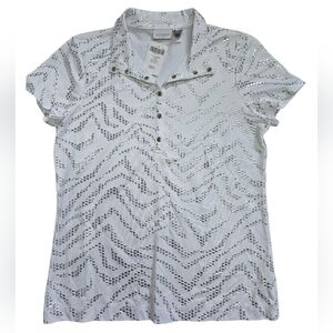 Chicos Size 0, White Ansld Silver Polo Shirt, Short Sleeve. NWT